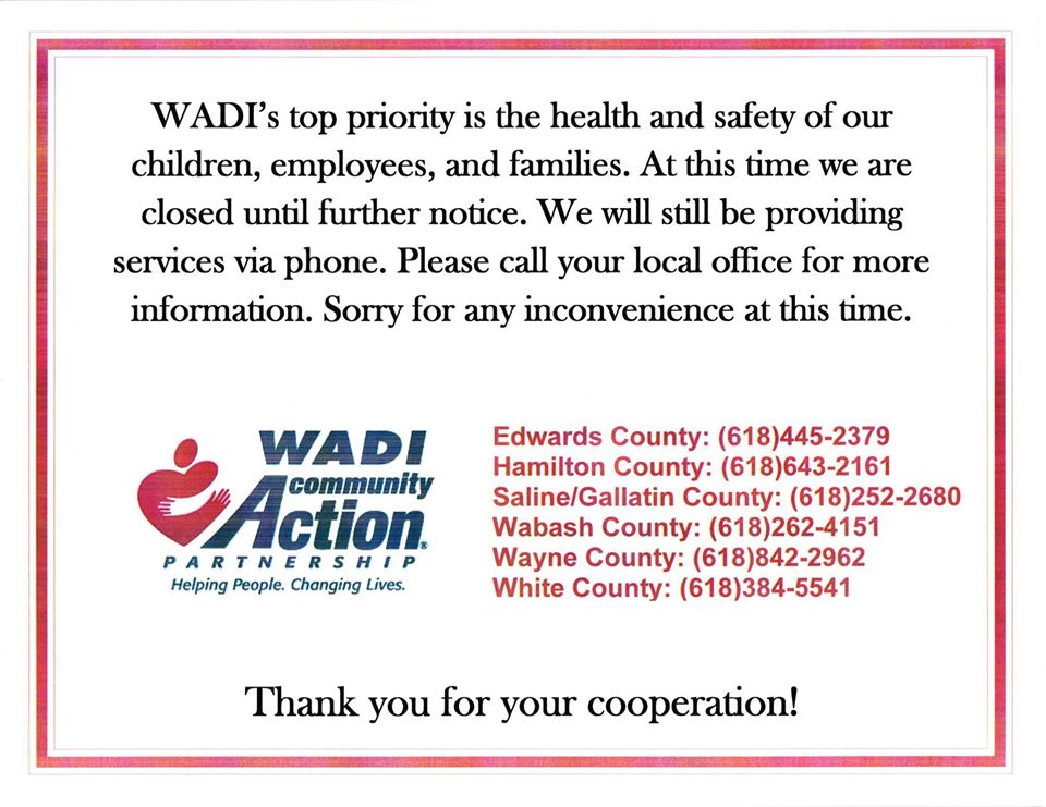 WADI Offices to Remain Closed – Area Food Pantry Information for White, Wayne, Gallatin, Hamilton, Edwards and Wabash Counties