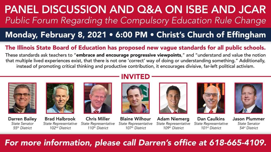 Rep. Niemerg Still Fighting the ISBE Rule that Disrespects Teachers’ Individual Freedoms; Mandates Progressive Political Ideology: Public Forum * Monday, Feb. 8 * 6:00PM * Christ’s Church of Effingham