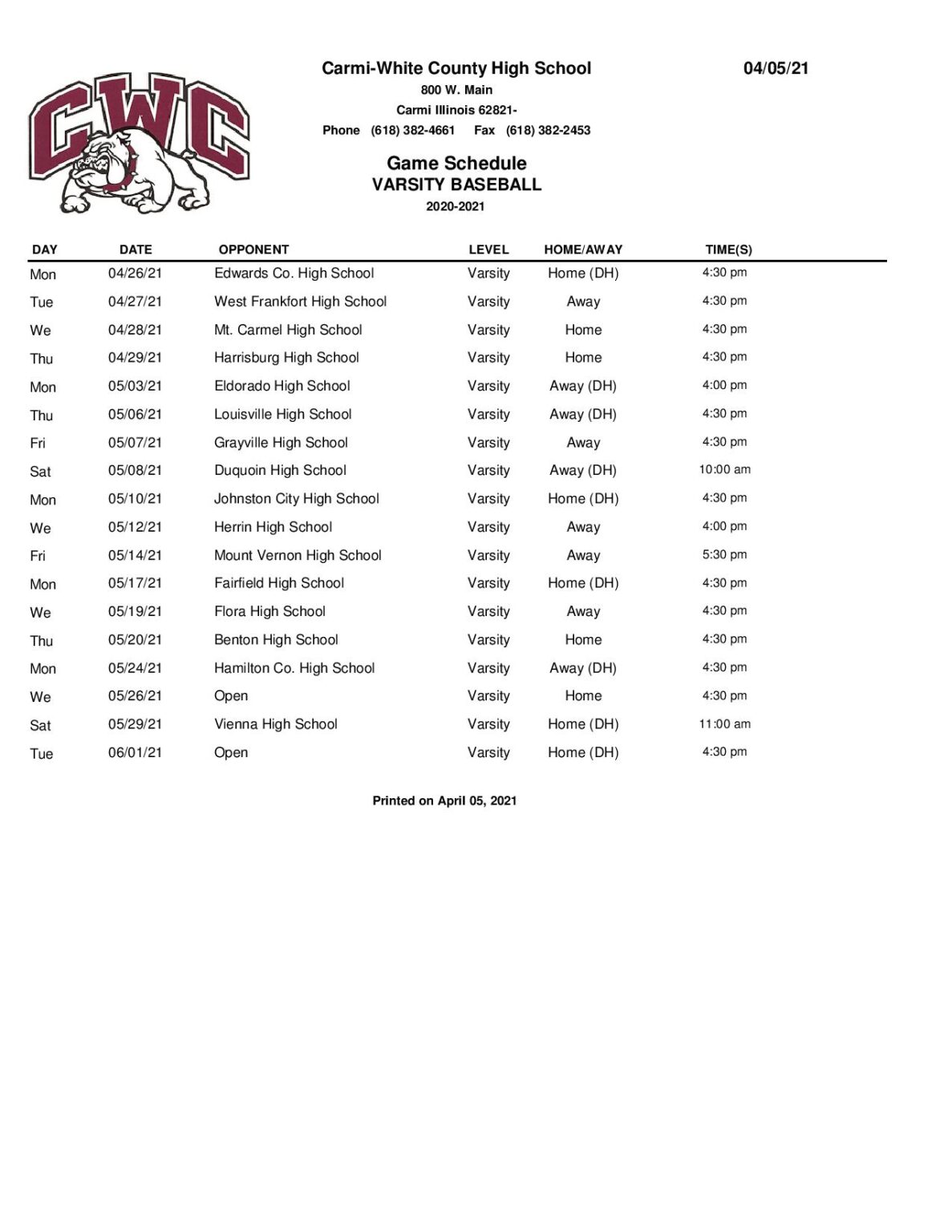 CWCHS Baseball and Softball Schedules WRULFM