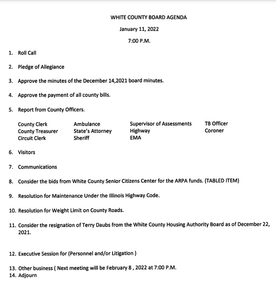 White County Board Set to Meet Tuesday, 1/11/22