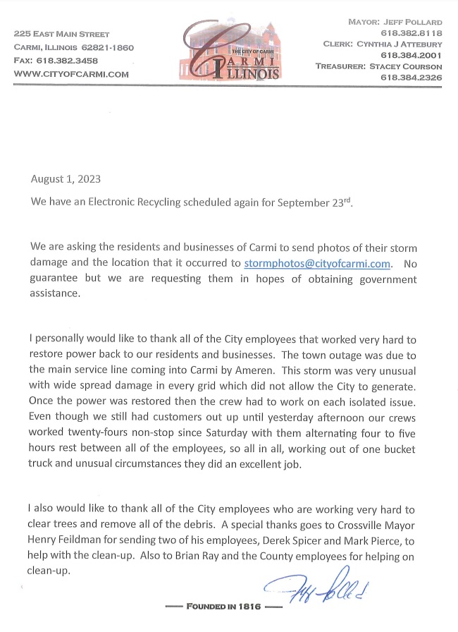 Carmi Mayor Issues Release Thanking City Workers; Crossville Help