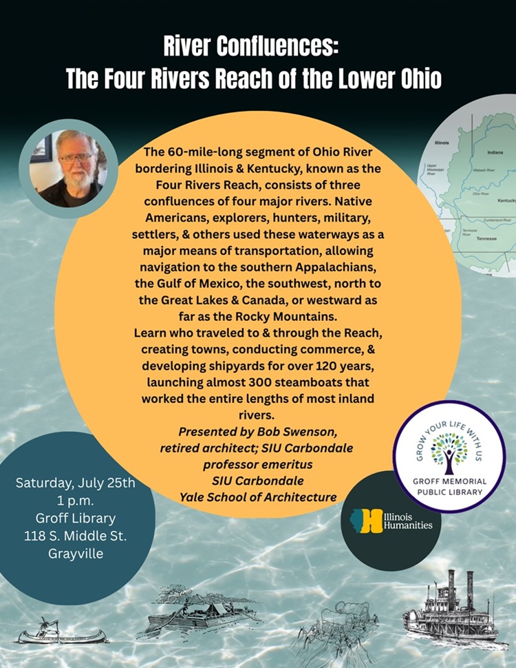 flyer for an event on river confluences to be held at the Groff Memorial Library in Grayville on July 25th