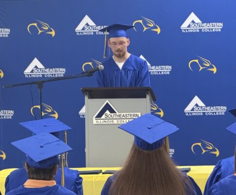 SIC Adult Education graduate Griffith Pankey of Harrisburg addresses fellow graduates during the SIC Adult Education Graduation Ceremony Aug. 11. Pankey earned his Illinois High School Diploma through the Alternative Method of Credentialing and is continuing his education at SIC this fall to pursue a career in nursing.